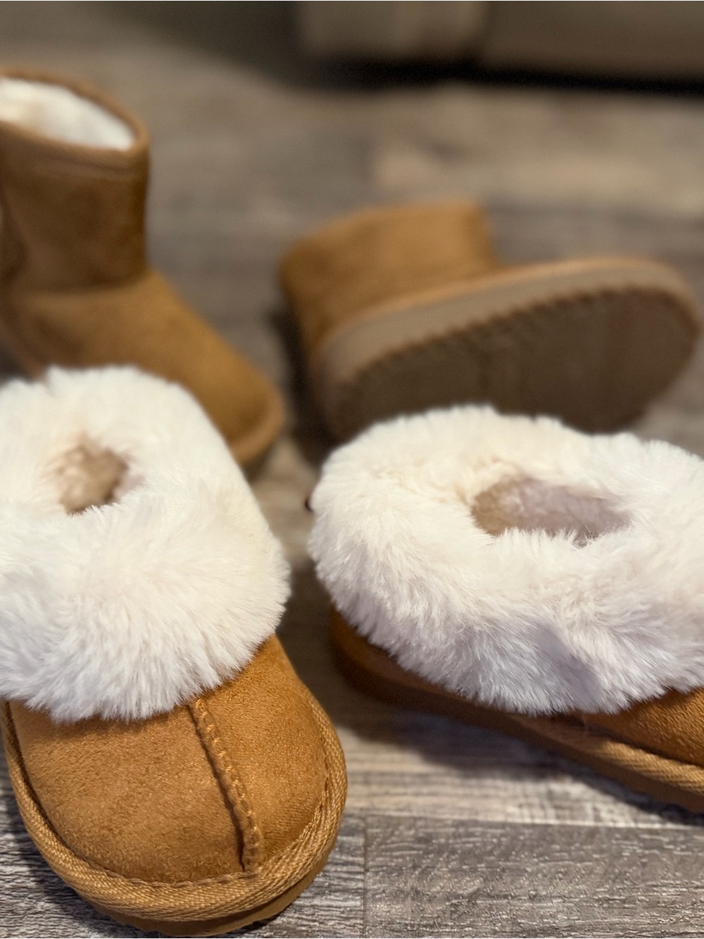 Kids Tan Faux-Sheepskin Bootie Slippers - Cozy Fur Lined